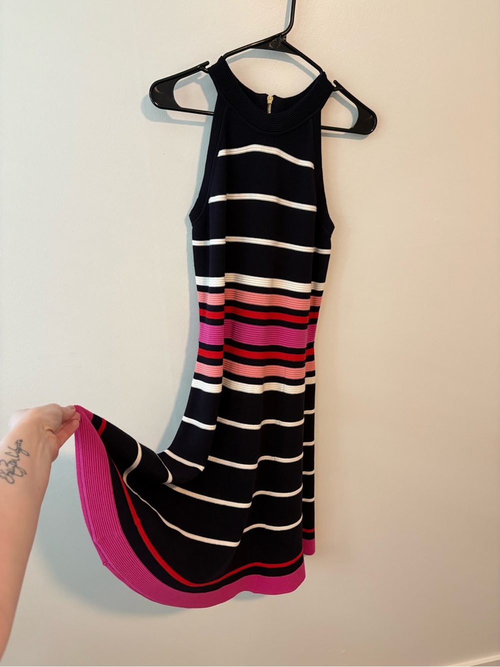 Striped Halter Knit Dress in Navy and Pink